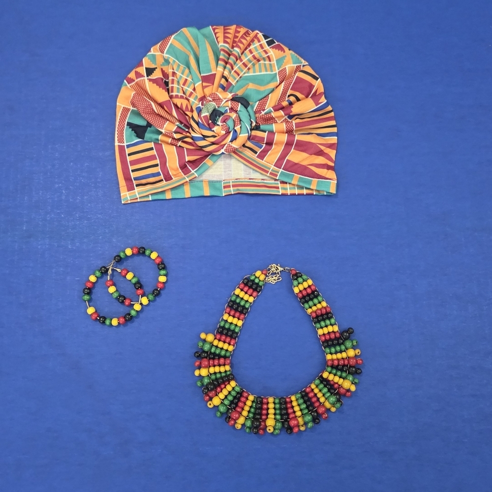 Colorful Beaded Necklace and Headwrap Set